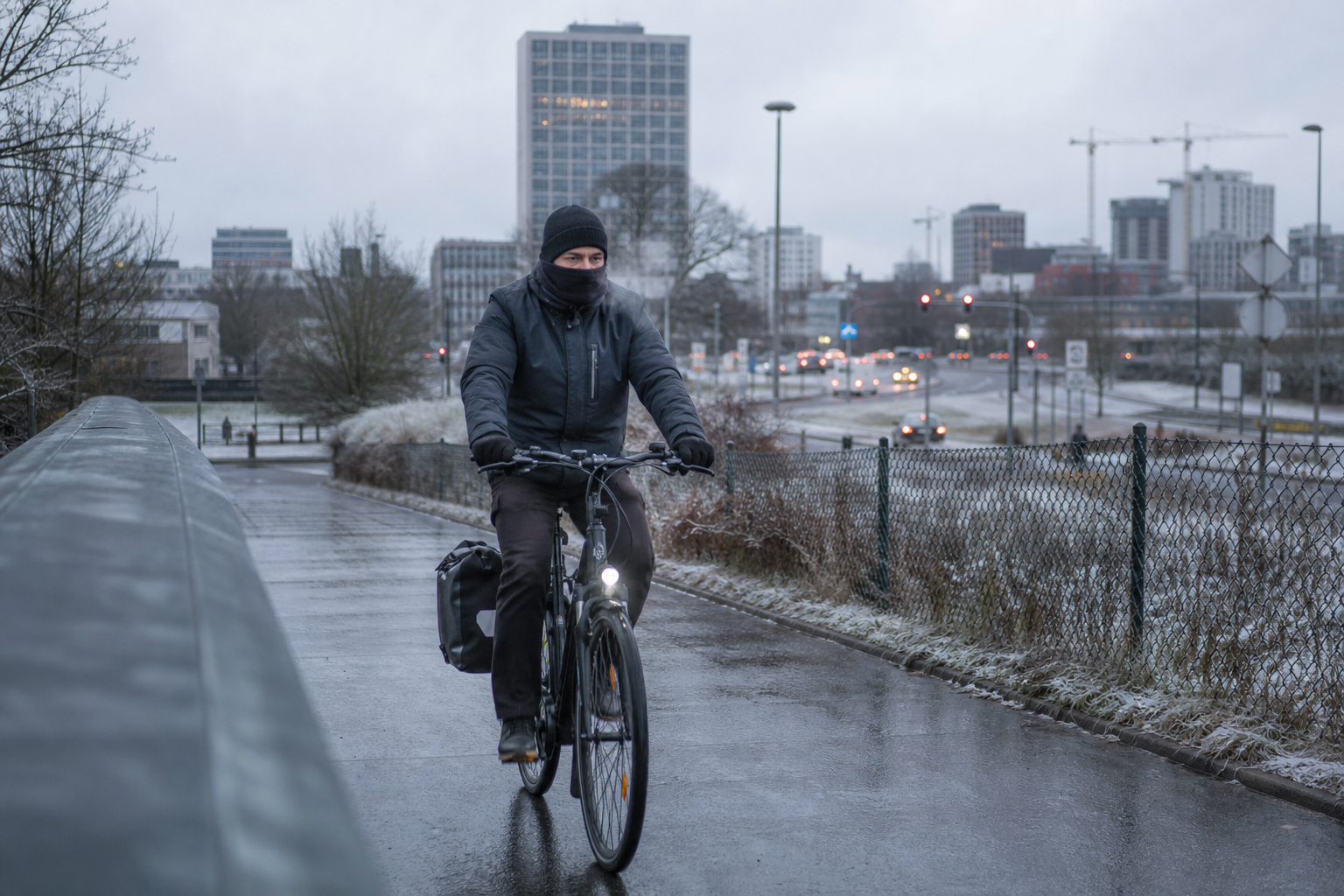Person mit Sturmhaube auf einem kalten Fahrradpendelweg