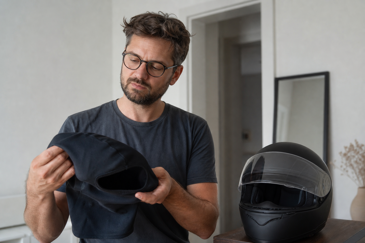 Person prüft eine Sturmhaube mit Brille vor einem Motorradhelm
