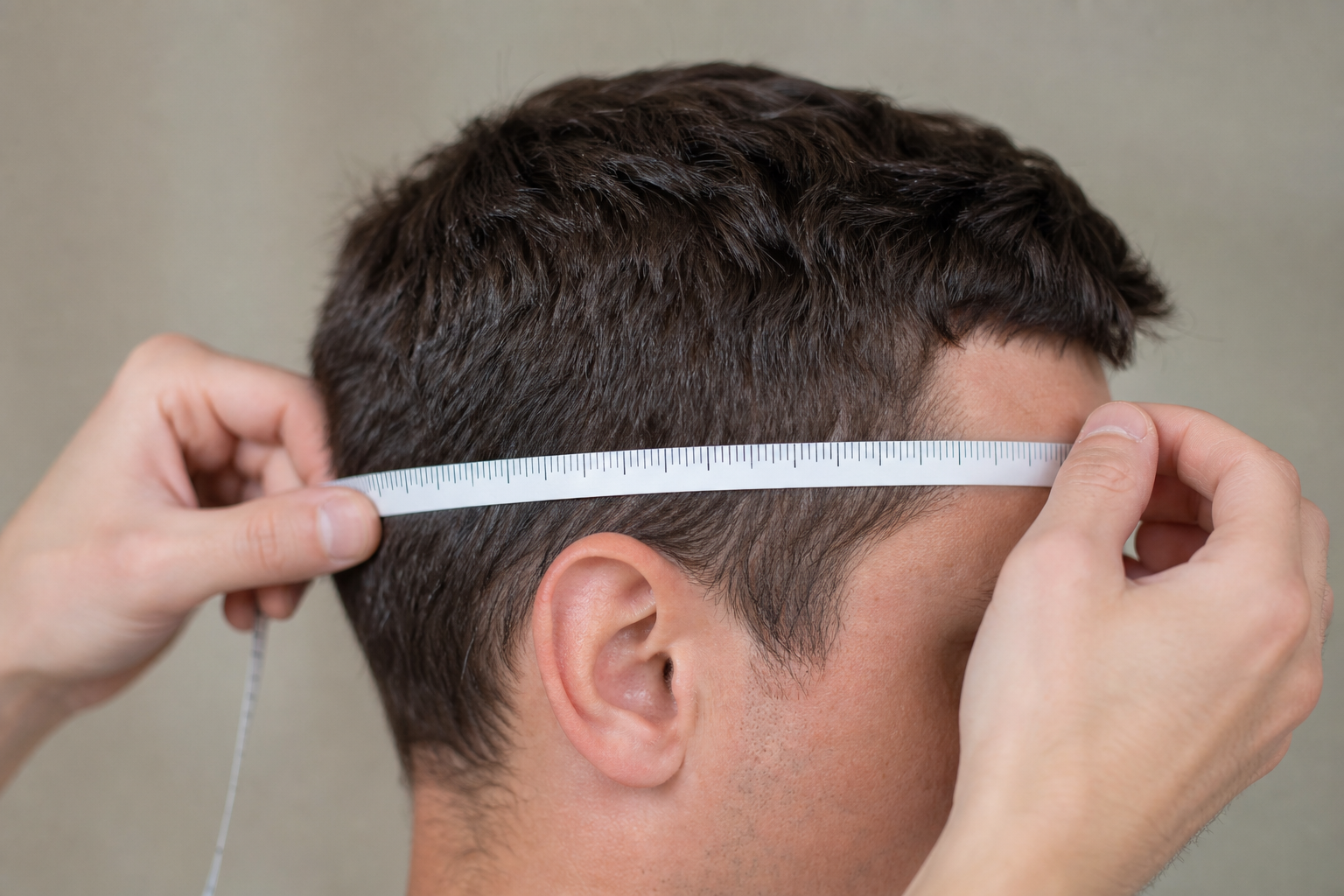 Maßband am Kopf einer Person oberhalb der Ohren
