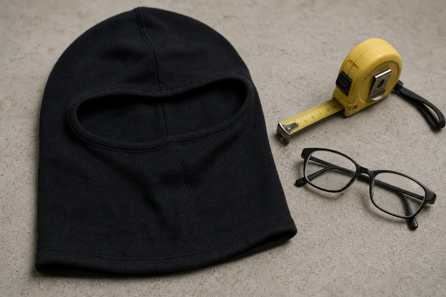 Sturmhaube neben Maßband und Brille bei der Größenprüfung