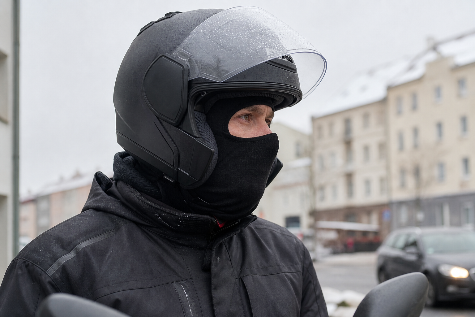Deutschland Sturmhaube unter einem Motorradhelm bei kaltem Wetter