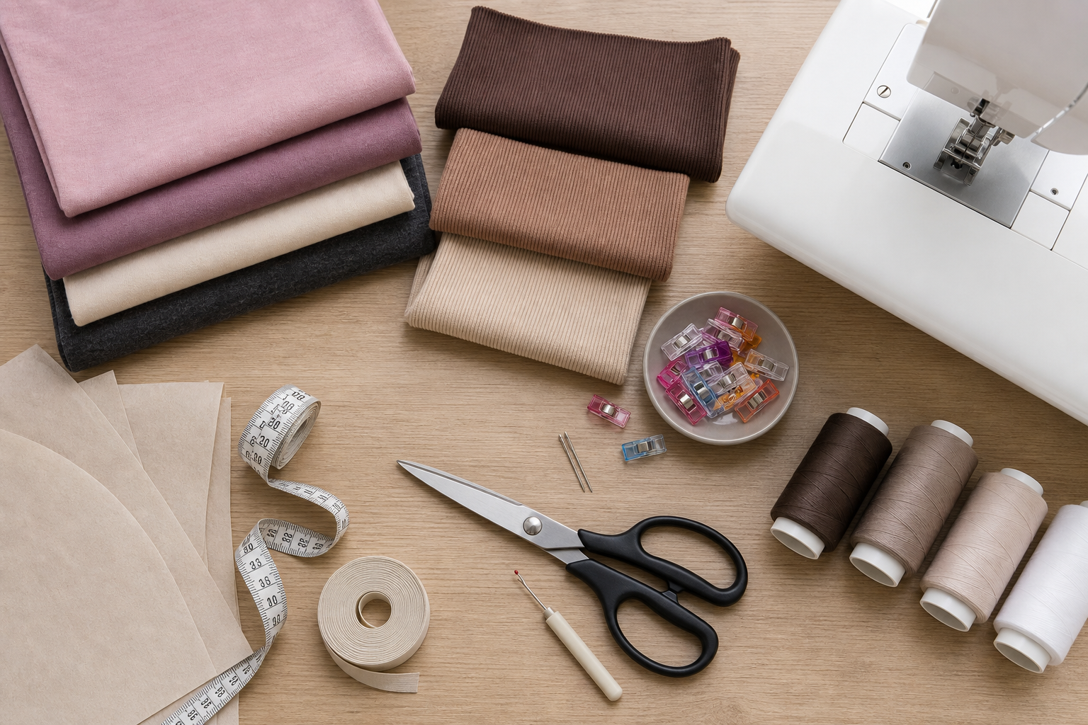 Elastische Stoffe, Bündchen, Schere, Garn, Nadel und Schnittpapier auf einem Arbeitstisch