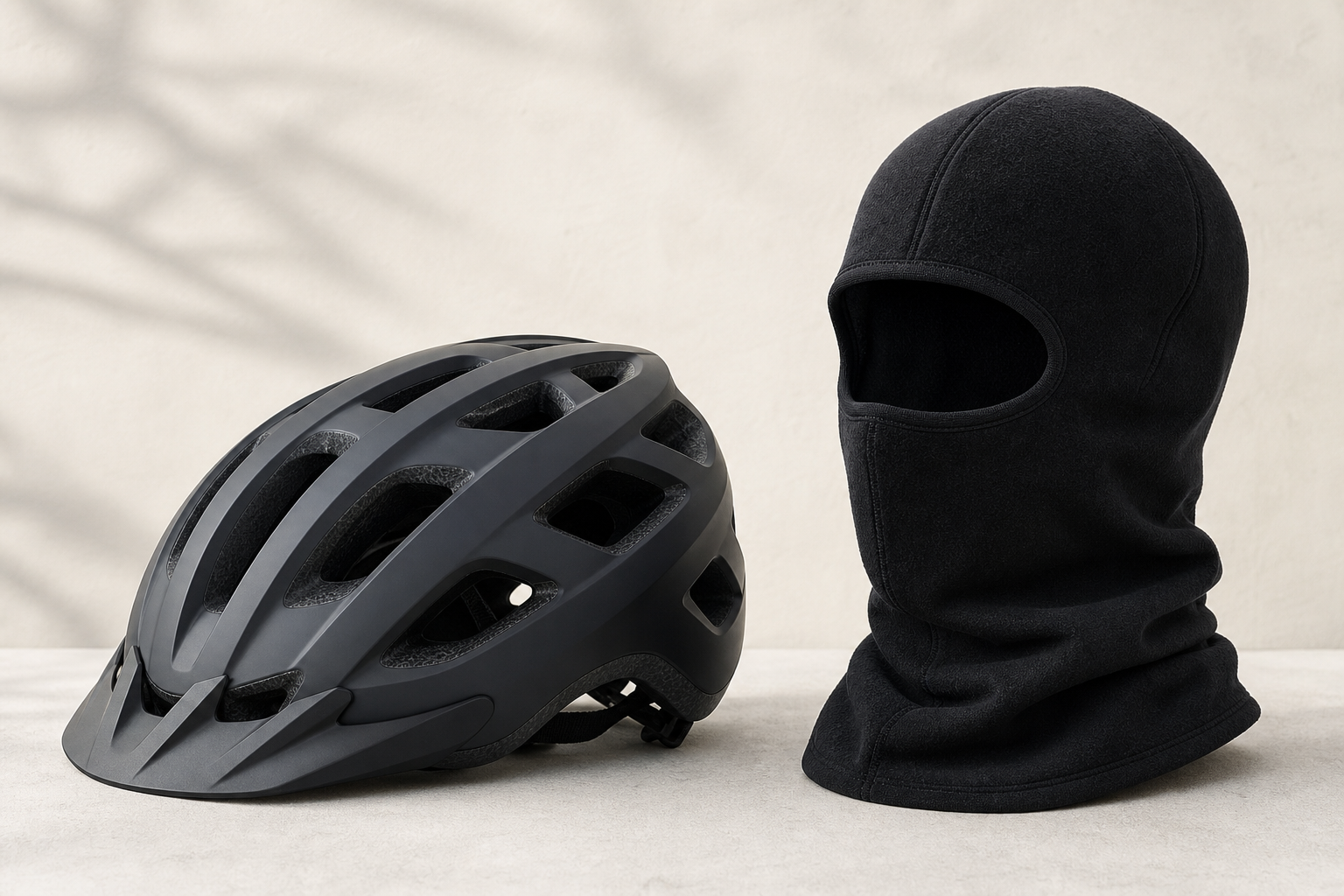 Fahrradhelm mit darunter getragener schwarzer Sturmhaube auf neutralem Hintergrund