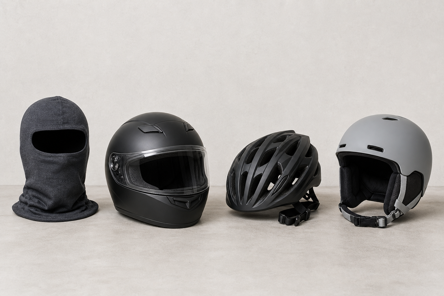 Sturmhaube neben Motorradhelm, Fahrradhelm und Wintersporthelm auf einer neutralen Fläche