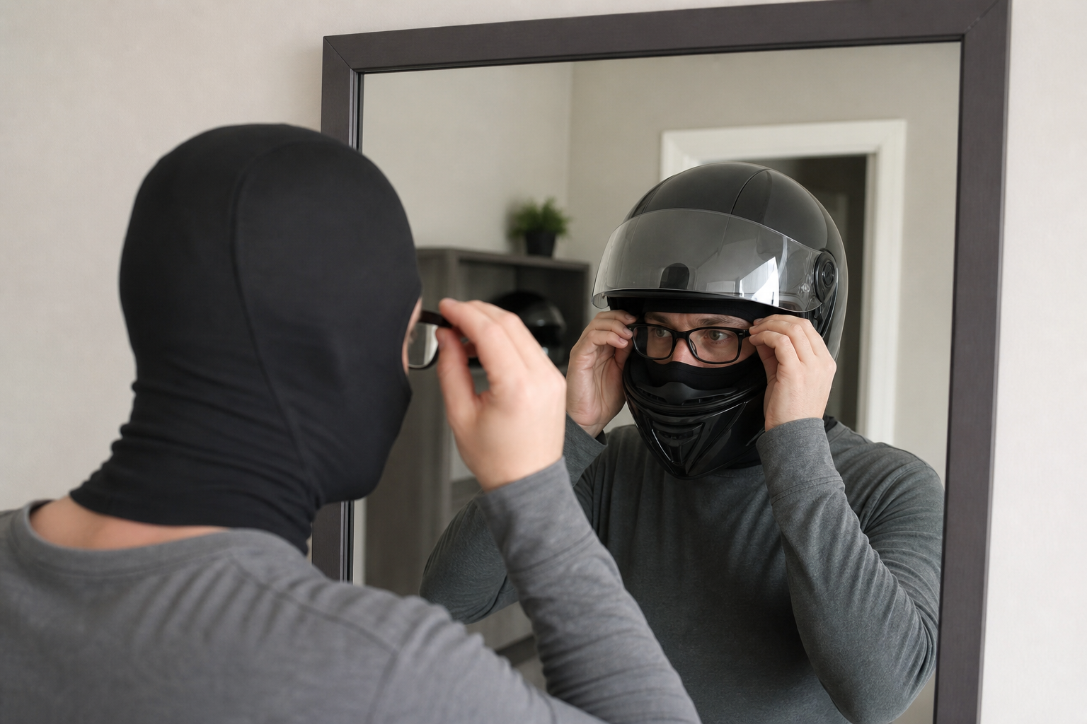 Person prüft Sturmhaube, Motorradhelm und Brille vor einem Spiegel