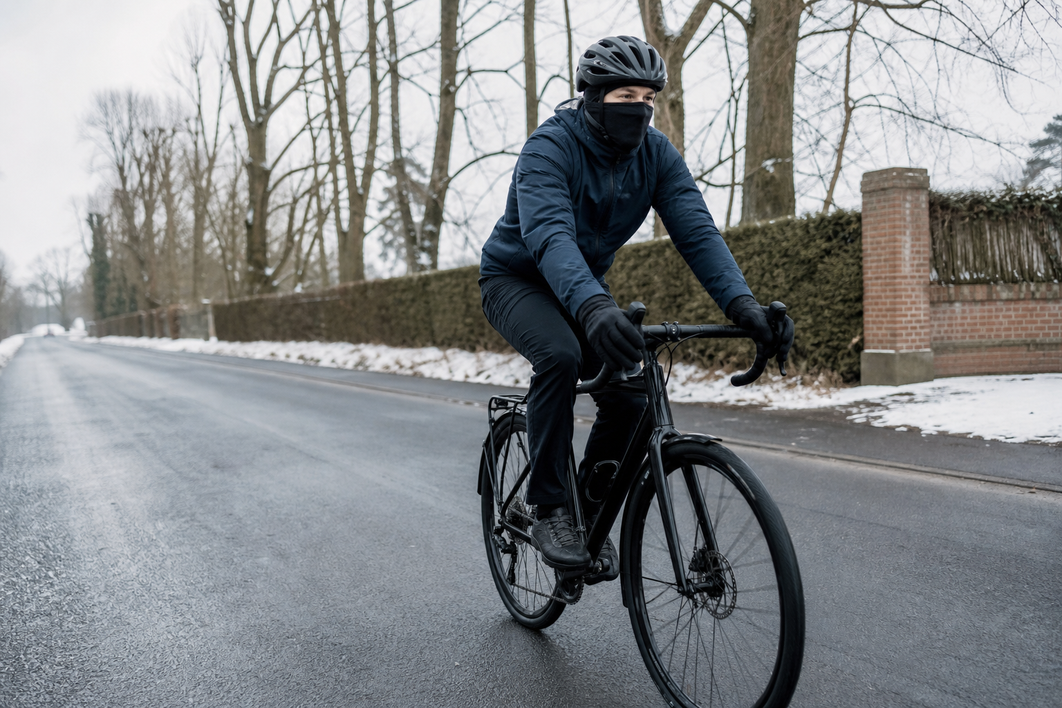 Fahrradfahrer mit Helm und Sturmhaube auf einer winterlichen Strasse