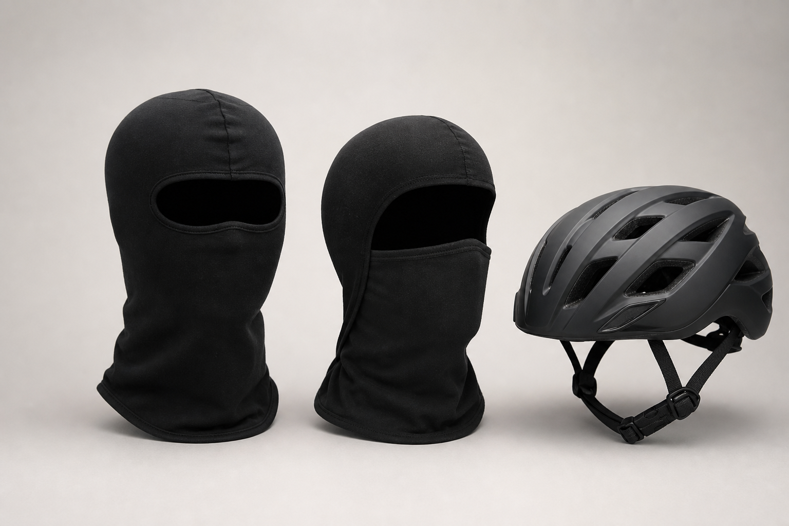 Zwei unterschiedlich geschnittene schwarze Sturmhauben neben einem Fahrradhelm