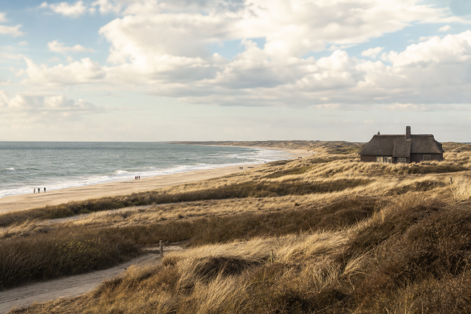 Küstenlandschaft bei Kampen auf Sylt mit einem Gebäude am Dünenrand